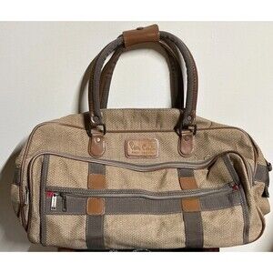 Iconic Pierre Cardin Travel Gym Bag 4 zip Suitcase Brown Tweed Luggage Tag